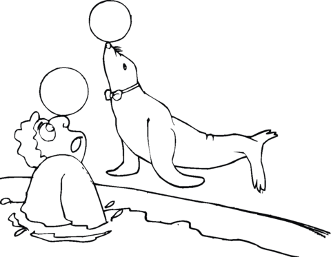 Seal Plays The Ball With A Man Coloring Page